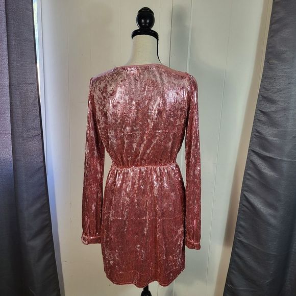 WILD HONEY Pink Velvet Sequin Surplice Wrap Long Sleeve Mini Dress Size Medium - Picture 4 of 4